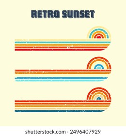 Grunge horizontal vintage sunsets. Various colorful striped sunrise badges in 80s and 90s style. Sun and ocean view, summer vibes, surfing. Design element, print, logo or t-shirt. Vector illustration