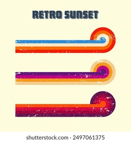 Grunge horizontal vintage sunsets. Various colorful striped sunrise badges in 80s and 90s style. Sun and ocean view, summer vibes, surfing. Design element, print, logo or t-shirt. Vector illustration