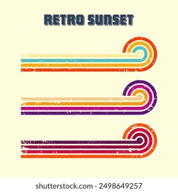 Grunge horizontal vintage sunsets. Various colorful striped sunrise badges in 80s and 90s style. Sun and ocean view, summer vibes, surfing. Design element, print, logo or t-shirt. Vector illustration