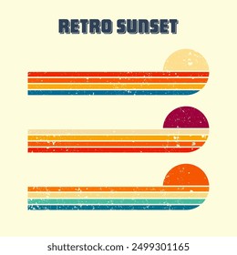 Grunge horizontal vintage sunsets. Various colorful striped sunrise badges in 80s and 90s style. Sun and ocean view, summer vibes, surfing. Design element, print, logo or t-shirt. Vector illustration