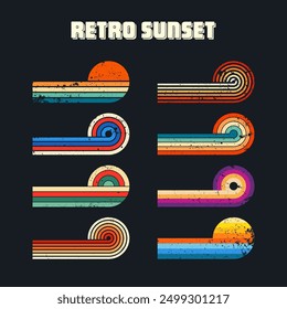 Grunge horizontal vintage sunsets. Various colorful striped sunrise badges in 80s and 90s style. Sun and ocean view, summer vibes, surfing. Design element, print, logo or t-shirt. Vector illustration