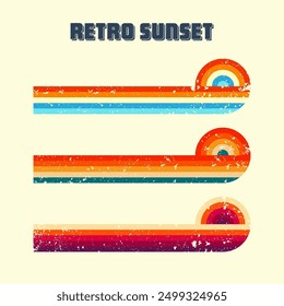Grunge horizontal vintage sunsets. Various colorful striped sunrise badges in 80s and 90s style. Sun and ocean view, summer vibes, surfing. Design element, print, logo or t-shirt. Vector illustration