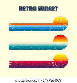 Grunge horizontal vintage sunsets. Various colorful striped sunrise badges in 80s and 90s style. Sun and ocean view, summer vibes, surfing. Design element, print, logo or t-shirt. Vector illustration