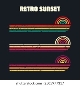 Grunge horizontal vintage sunsets. Various colorful striped sunrise badges in 80s and 90s style. Sun and ocean view, summer vibes, surfing. Design element, print, logo or t-shirt. Vector illustration