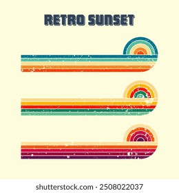 Grunge horizontal vintage sunsets. Various colorful striped sunrise badges in 80s and 90s style. Sun and ocean view, summer vibes, surfing. Design element, print, logo or t-shirt. Vector illustration