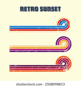 Grunge horizontal vintage sunsets. Various colorful striped sunrise badges in 80s and 90s style. Sun and ocean view, summer vibes, surfing. Design element, print, logo or t-shirt. Vector illustration