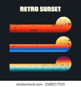 Grunge horizontal vintage sunsets. Various colorful striped sunrise badges in 80s and 90s style. Sun and ocean view, summer vibes, surfing. Design element, print, logo or t-shirt. Vector illustration