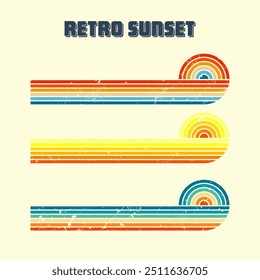 Grunge horizontal vintage sunsets. Various colorful striped sunrise badges in 80s and 90s style. Sun and ocean view, summer vibes, surfing. Design element, print, logo or t-shirt. Vector illustration