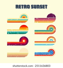 Grunge horizontal vintage sunsets. Various colorful striped sunrise badges in 80s and 90s style. Sun and ocean view, summer vibes, surfing. Design element, print, logo or t-shirt. Vector illustration