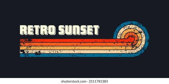 Grunge horizontal vintage sunsets. Various colorful striped sunrise badges in 80s and 90s style. Sun and ocean view, summer vibes, surfing. Design element, print, logo or t-shirt. Vector illustration