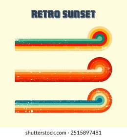 Grunge horizontal vintage sunsets. Various colorful striped sunrise badges in 80s and 90s style. Sun and ocean view, summer vibes, surfing. Design element, print, logo or t-shirt. Vector illustration