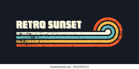 Grunge horizontal vintage sunsets. Various colorful striped sunrise badges in 80s and 90s style. Sun and ocean view, summer vibes, surfing. Design element, print, logo or t-shirt. Vector illustration