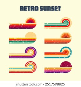 Grunge horizontal vintage sunsets. Various colorful striped sunrise badges in 80s and 90s style. Sun and ocean view, summer vibes, surfing. Design element, print, logo or t-shirt. Vector illustration