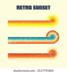 Grunge horizontal vintage sunsets. Various colorful striped sunrise badges in 80s and 90s style. Sun and ocean view, summer vibes, surfing. Design element, print, logo or t-shirt. Vector illustration
