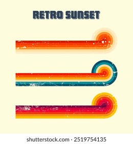 Grunge horizontal vintage sunsets. Various colorful striped sunrise badges in 80s and 90s style. Sun and ocean view, summer vibes, surfing. Design element, print, logo or t-shirt. Vector illustration