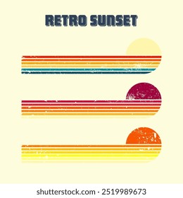 Grunge horizontal vintage sunsets. Various colorful striped sunrise badges in 80s and 90s style. Sun and ocean view, summer vibes, surfing. Design element, print, logo or t-shirt. Vector illustration