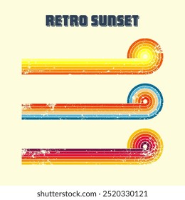 Grunge horizontal vintage sunsets. Various colorful striped sunrise badges in 80s and 90s style. Sun and ocean view, summer vibes, surfing. Design element, print, logo or t-shirt. Vector illustration