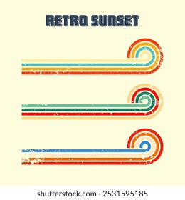Grunge horizontal vintage sunsets. Various colorful striped sunrise badges in 80s and 90s style. Sun and ocean view, summer vibes, surfing. Design element, print, logo or t-shirt. Vector illustration