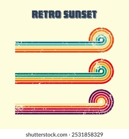 Grunge horizontal vintage sunsets. Various colorful striped sunrise badges in 80s and 90s style. Sun and ocean view, summer vibes, surfing. Design element, print, logo or t-shirt. Vector illustration