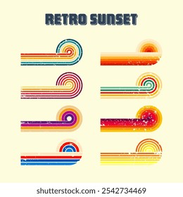 Grunge horizontal vintage sunsets. Various colorful striped sunrise badges in 80s and 90s style. Sun and ocean view, summer vibes, surfing. Design element, print, logo or t-shirt. Vector illustration