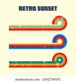 Grunge horizontal vintage sunsets. Various colorful striped sunrise badges in 80s and 90s style. Sun and ocean view, summer vibes, surfing. Design element, print, logo or t-shirt. Vector illustration