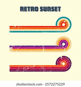 Grunge horizontal vintage sunsets. Various colorful striped sunrise badges in 80s and 90s style. Sun and ocean view, summer vibes, surfing. Design element, print, logo or t-shirt. Vector illustration