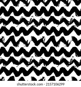 Grunge horizontal zigzag stripes seamless pattern. Repeated chevron lines background. Simple classic geometric vector ornament. Abstract modern black and white wallpaper. Hand drawn zig zag background