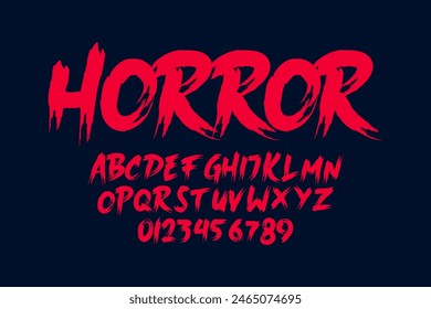 Grunge Horror Font. Hand Made Brush Typeface. Vector Stock Illustration.  Brush stroke Alphabet. Typography for scary headlines and horror movie scenarios.