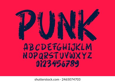 Grunge Horror Font. Hand Made Brush Typeface. Vector Stock Illustration.  Brush stroke Alphabet. Typography for scary headlines and horror movie scenarios.