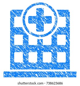 Grunge Hospital Building icon with scratched design and dust texture. Unclean vector blue Hospital Building pictogram for rubber seal stamp imitations and watermarks. Draft sticker symbol.