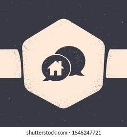 Grunge House building in speech bubble icon isolated on grey background. Real estate concept. Monochrome vintage drawing. Vector Illustration