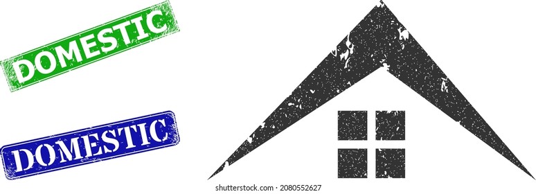 Icono del techo de la casa de pozos y sello doméstico rectangular corroido. Sellos domésticos y azules de color verde vectorial con textura de goma gruesa, diseñados para la ilustración del techo de la casa.