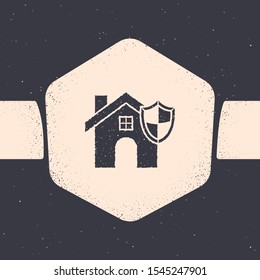 Grunge House with shield icon isolated on grey background. Insurance concept. Security, safety, protection, protect concept. Monochrome vintage drawing. Vector Illustration