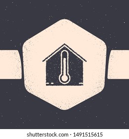 Grunge House temperature icon isolated on grey background. Thermometer icon. Monochrome vintage drawing. Vector Illustration