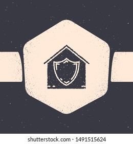 Grunge House under protection icon isolated on grey background. Protection, safety, security, protect, defense concept. Monochrome vintage drawing. Vector Illustration