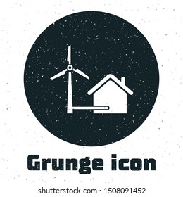 Grunge House with wind turbine for electric energy generation icon isolated on white background. Eco-friendly house. Environmental Protection.  Vector Illustration