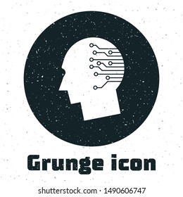 Grunge Human brain as digital circuit board icon isolated on white background. Artificial Intelligence. Human head outline with circuit lines inside.  Vector Illustration