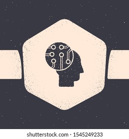 Grunge Human brain as digital circuit board icon isolated on grey background. Human head outline with circuit lines inside. Monochrome vintage drawing. Vector Illustration