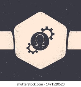 Grunge Human with gear inside icon isolated on grey background. Artificial intelligence. Thinking brain sign. Symbol work of brain. Monochrome vintage drawing. Vector Illustration