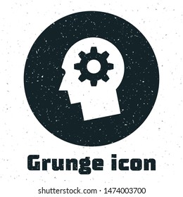 Grunge Human head with gear inside icon isolated on white background. Artificial intelligence. Thinking brain sign. Symbol work of brain.  Vector Illustration