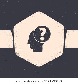 Grunge Human head with question mark icon isolated on grey background. Monochrome vintage drawing. Vector Illustration