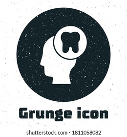 Grunge Human head with tooth icon isolated on white background. Tooth symbol for dentistry clinic or dentist medical center and toothpaste package. Monochrome vintage drawing. Vector.