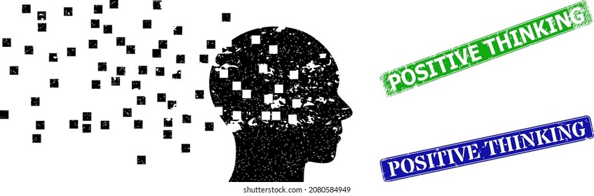Grunge human memory synthesis icon and rectangle textured Positive Thinking seal. Vector green Positive Thinking and blue Positive Thinking watermarks with grunge rubber texture,
