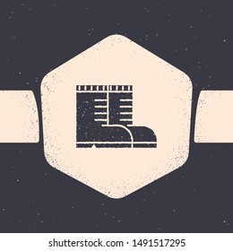 Grunge Hunter boots icon isolated on grey background. Monochrome vintage drawing. Vector Illustration