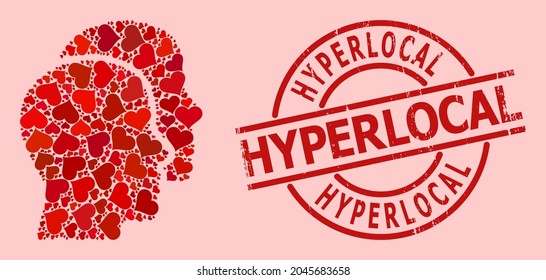 Grunge Hyperlocal Briefmarke und rote Liebe Herz Mosaik für den Menschen Kopf. Roter Rundstempel enthält Hyperlocal-Text im Kreis. Man Head Mosaik ist aus roten Liebessymbolen entworfen.