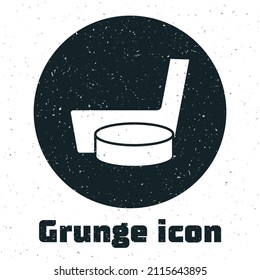 Grunge Ice hockey stick   puck icon isolated white background  Monochrome vintage drawing  Vector