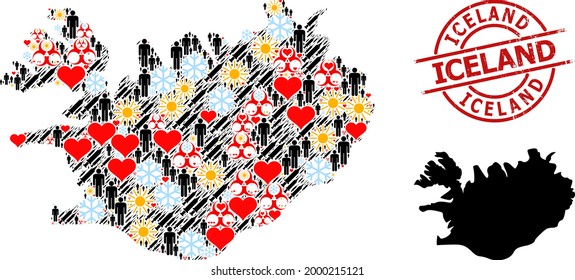 Grunge Iceland stamp seal, and frost customers infection treatment collage map of Iceland. Red round stamp seal contains Iceland tag inside circle. Map of Iceland mosaic is organized of frost, spring,