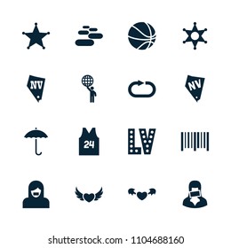 Grunge icon. collection of 16 grunge filled icons such as vegas, bar code, censored woman, reload replay, sheriff. editable grunge icons for web and mobile.