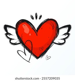 Grunge Icon Heart with Angel Wings. Cute doodle love sign isolated on red background. Scribble heart shape with simple decorations drawn with markers and crayons