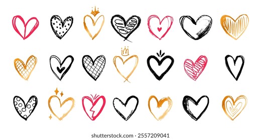 Grunge Icon Hearts in Red, Black and Gold Colors. Cute doodle love signs isolated on white background. Scribble heart shapes with simple decorations drawn with markers and crayons